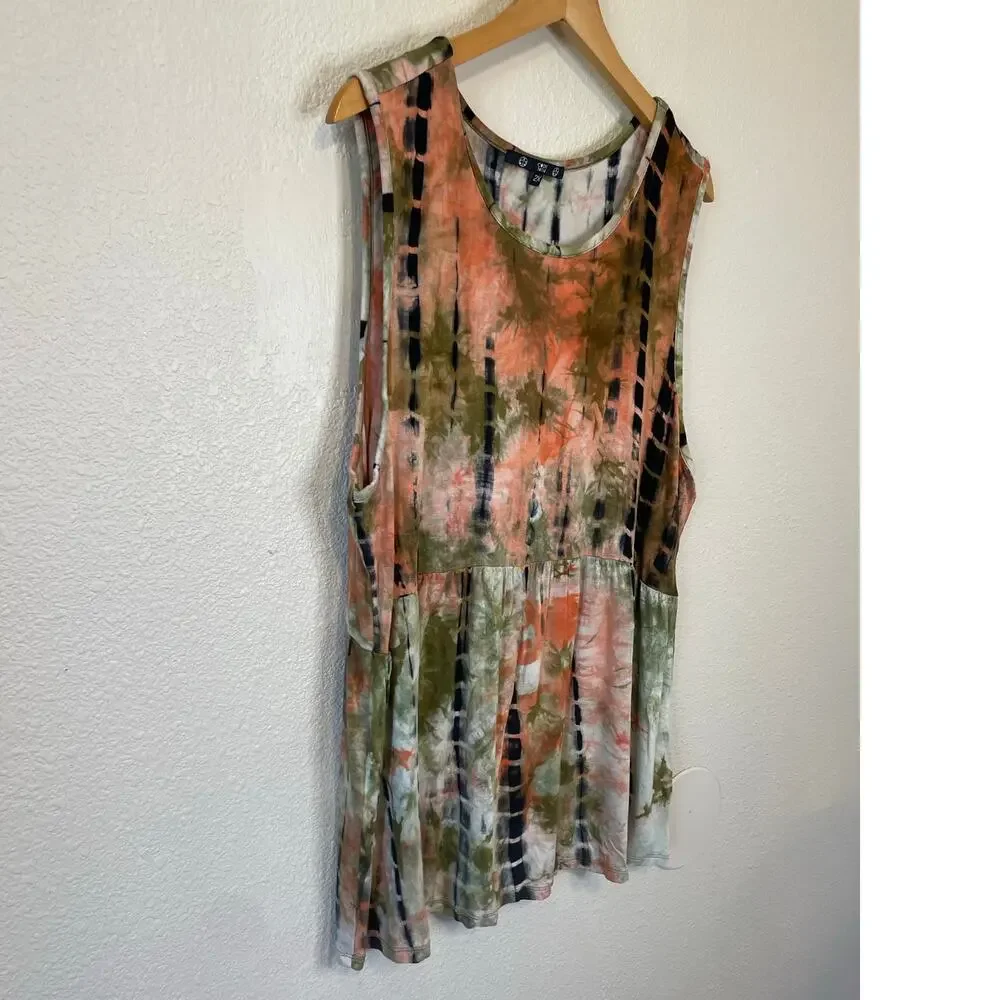 Coin 1804 Boho Tie Dye Orange & Green Sleeveless Relaxed Fit Peplum Top Size 2X